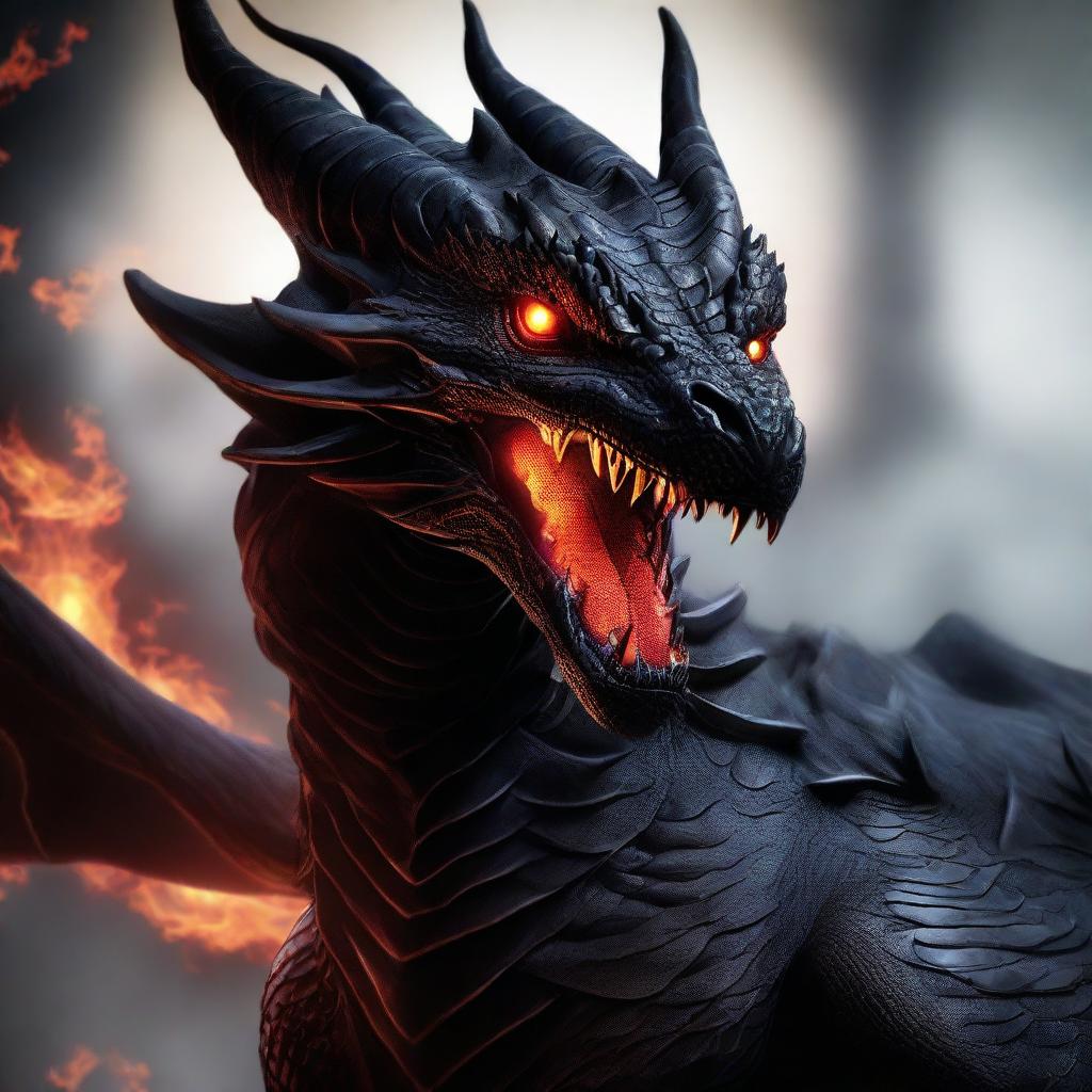 A formidable black dragon with fiery red eyes that seem to blaze with inner flames. Its scales capture the light, giving it a menacing and magnificent look.