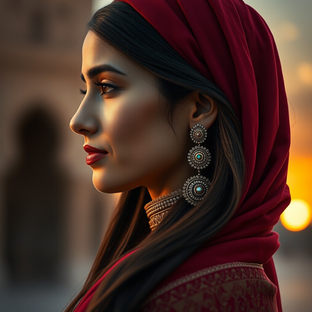 A stunning side profile of an Arab woman, featuring intricate traditional jewelry adorning her neck and ears