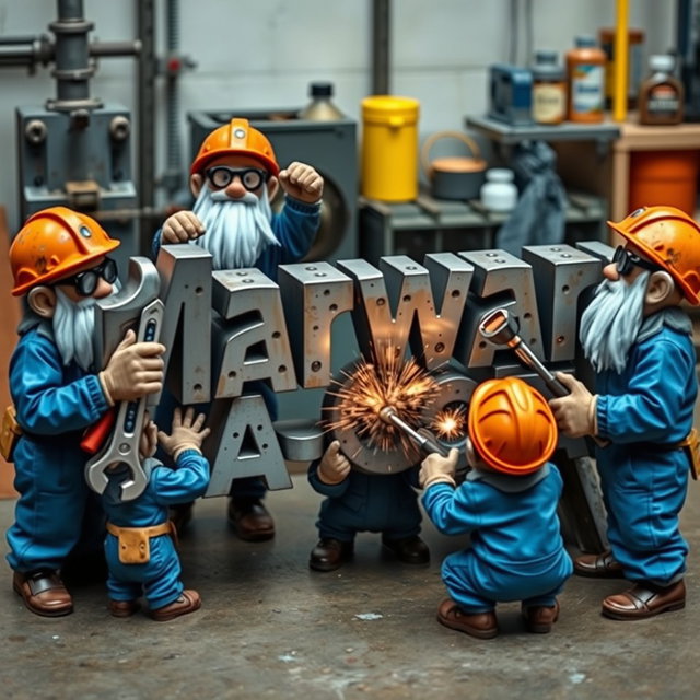 A group of small mechanical engineer dwarfs in work attire: blue or grey coveralls splattered with oil, wearing safety helmets and protective goggles