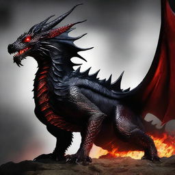 A formidable black dragon with fiery red eyes that seem to blaze with inner flames. Its scales capture the light, giving it a menacing and magnificent look.