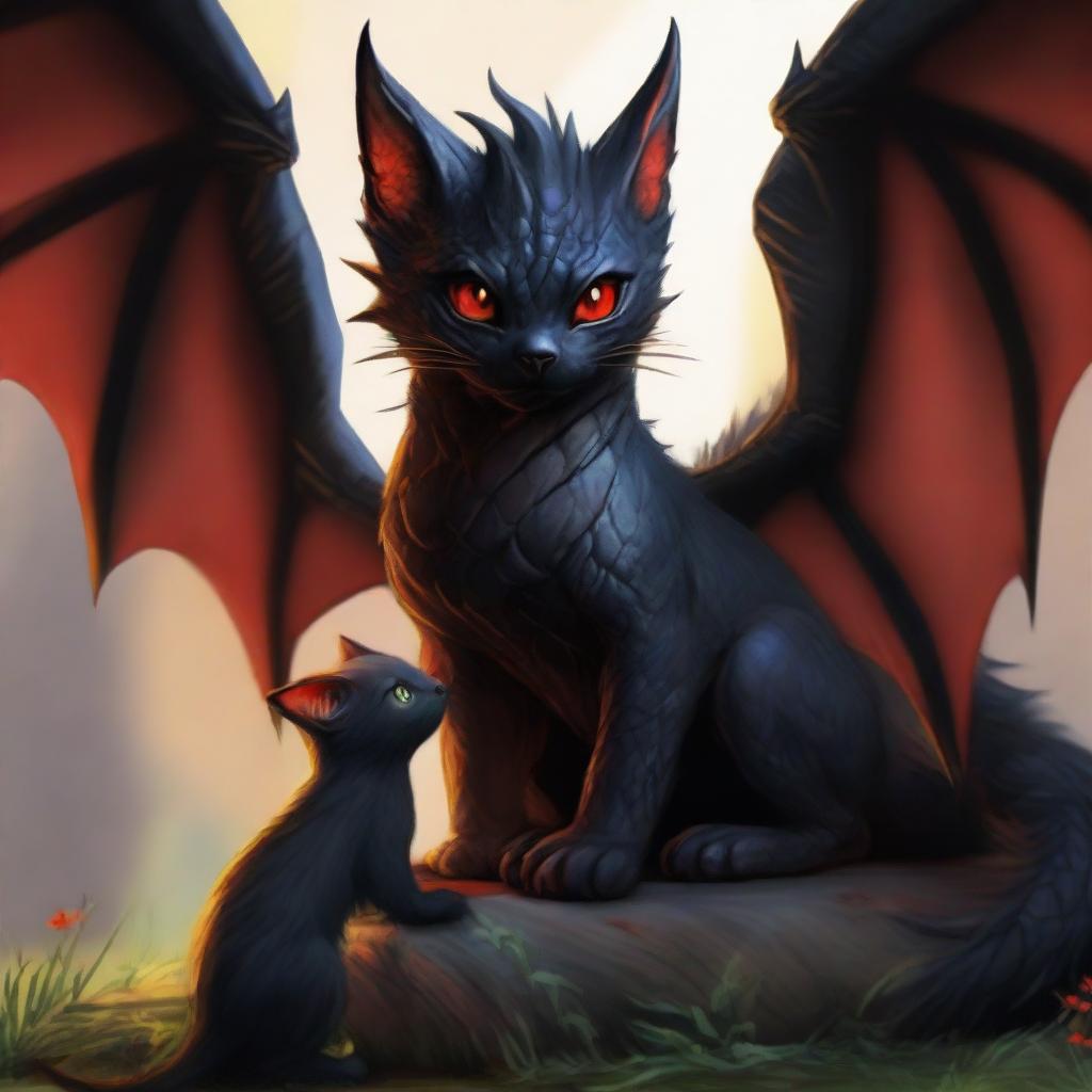 Add to the image of the formidable black dragon with fiery red eyes. Incorporate an unexpected companion, a small, cute kitten sitting beside the dragon, looking up at it with curiosity.