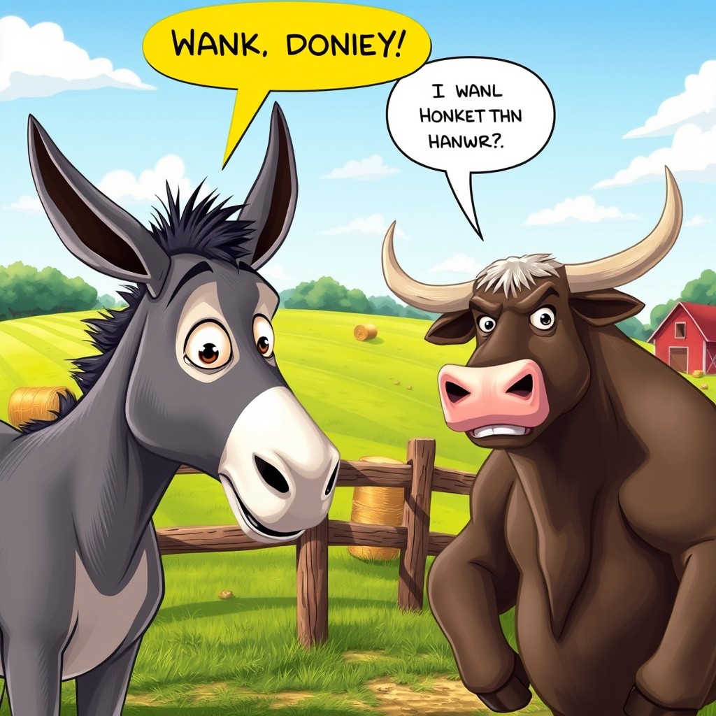 A humorous scene depicting a talking donkey engaging in conversation with a bull, with the donkey earnestly pleading or appealing to the bull