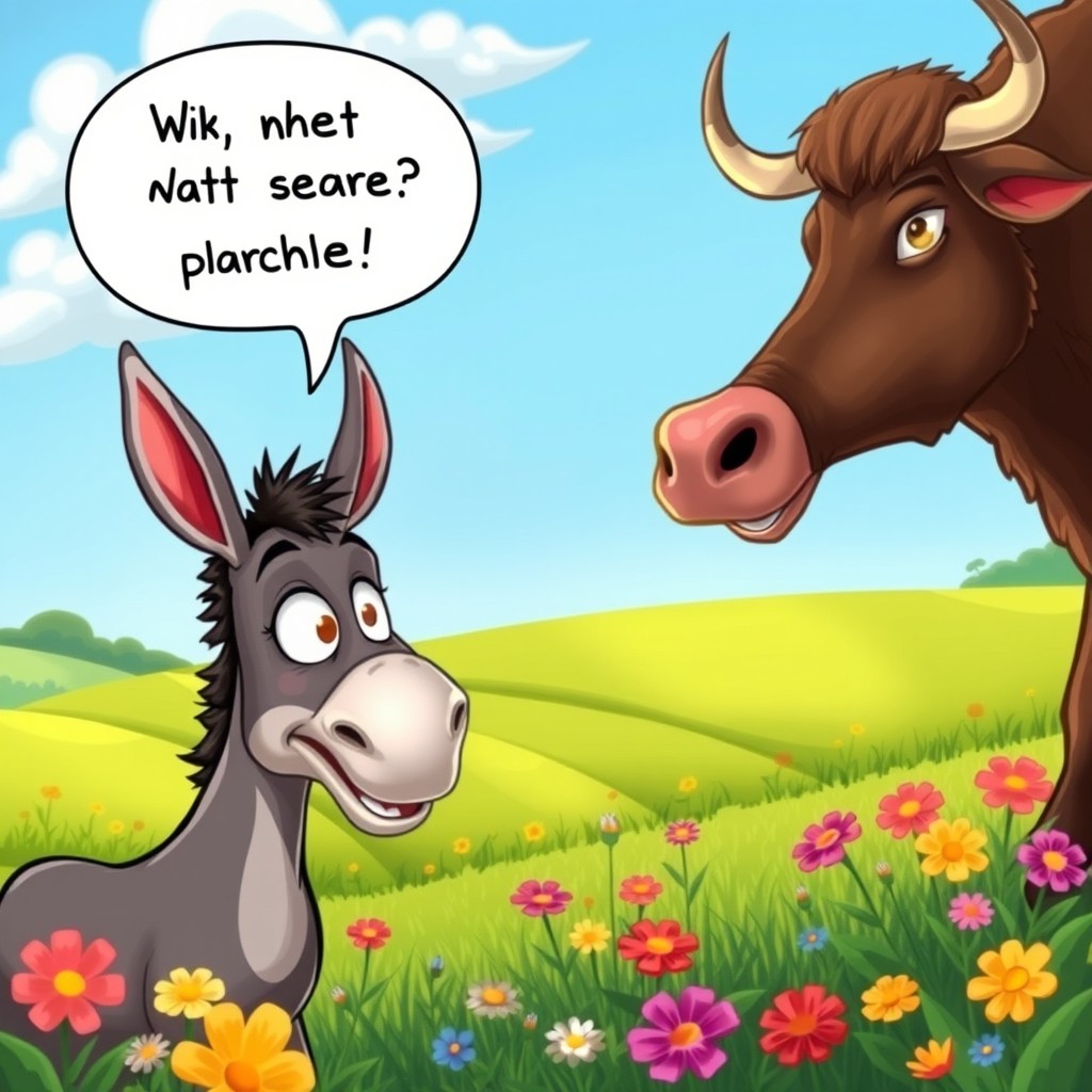A humorous scene depicting a talking donkey conversing with a bull in a vibrant countryside setting