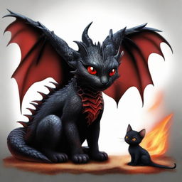 Add to the image of the formidable black dragon with fiery red eyes. Incorporate an unexpected companion, a small, cute kitten sitting beside the dragon, looking up at it with curiosity.