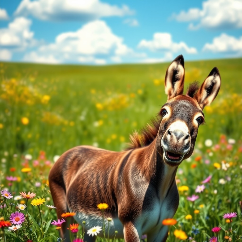 A whimsical scene in a lush green meadow, featuring a donkey with a cheerful expression, standing proudly as it raises its head to let out a loud and joyful bray