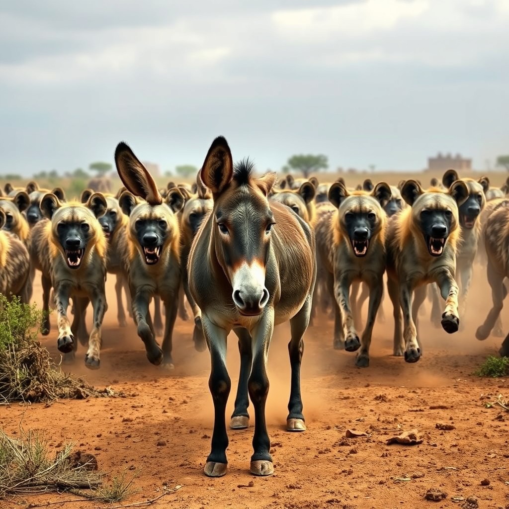 A scene depicting a donkey surrounded by a pack of hungry hyenas, showcasing the tense moment before the hyenas charge