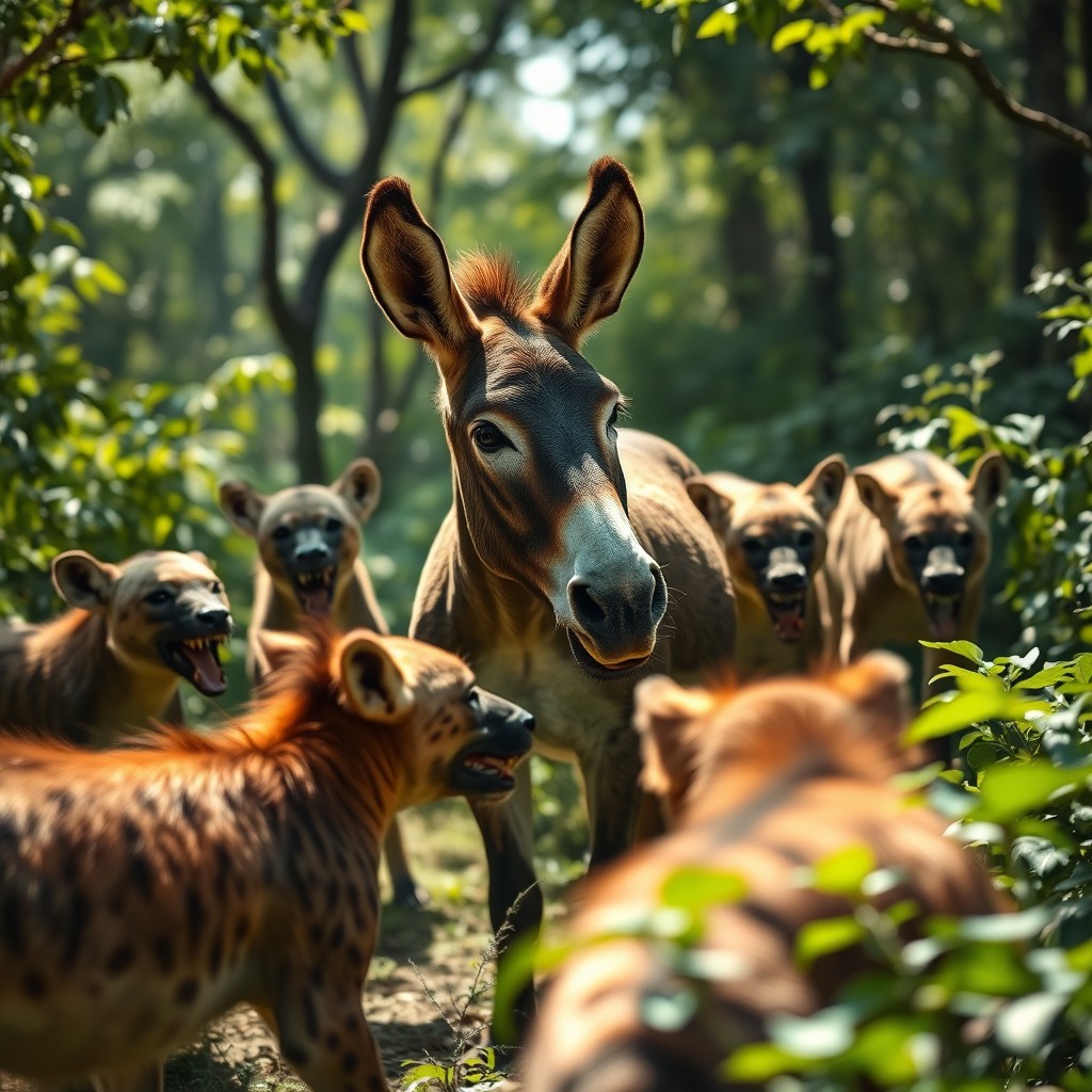 A donkey standing in a dense, lush green forest, surrounded by menacing hyenas ready to pounce
