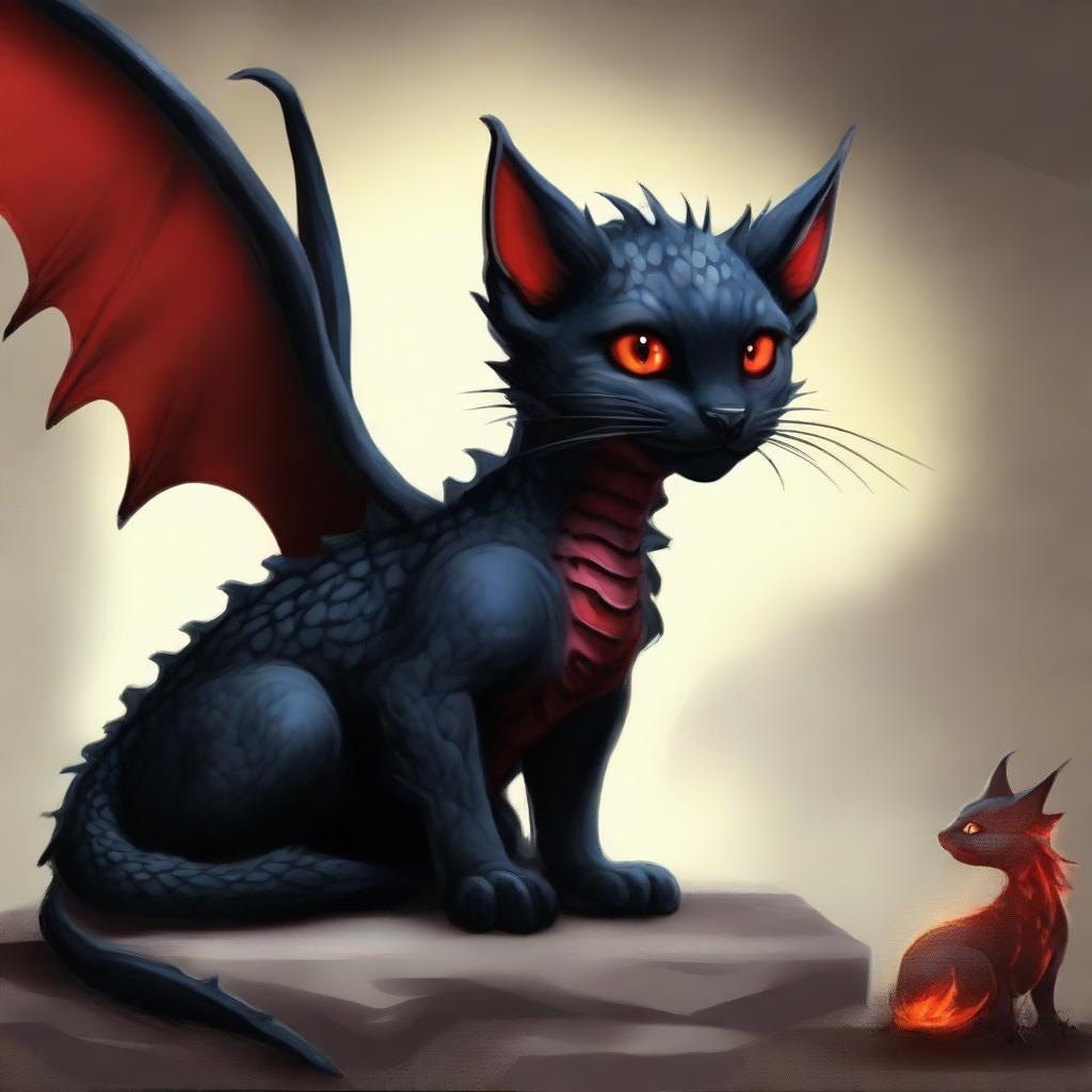 Add to the image of the formidable black dragon with fiery red eyes. Incorporate an unexpected companion, a small, cute kitten sitting beside the dragon, looking up at it with curiosity.