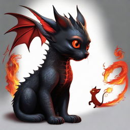 Add to the image of the formidable black dragon with fiery red eyes. Incorporate an unexpected companion, a small, cute kitten sitting beside the dragon, looking up at it with curiosity.