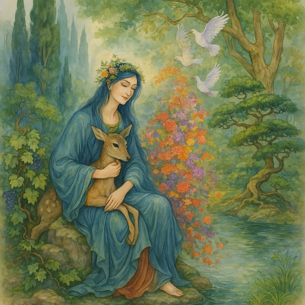 Mystical and spiritual watercolor painting of a beautiful Iranian woman sitting on a rock on a beautiful and peaceful pond in a dense forest with cypress trees, plane trees, grapevines, winding bonsai trees, and a whirlwind of colorful flowers and beautiful.