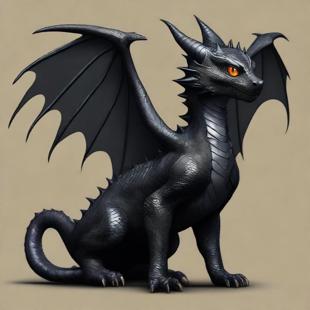 Reimagine the image of the formidable black dragon and its companion. This time put emphasis on the dragon's reptilian characteristics and the kitten's small size and delicate features.