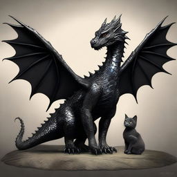 Reimagine the image of the formidable black dragon and its companion. This time put emphasis on the dragon's reptilian characteristics and the kitten's small size and delicate features.