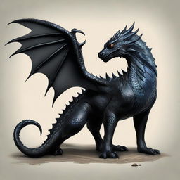 Reimagine the image of the formidable black dragon and its companion. This time put emphasis on the dragon's reptilian characteristics and the kitten's small size and delicate features.