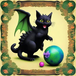 Modify the scene of the black dragon with its reptilian characteristics and the small kitten. Both are engaged in joyful play with a colorful ball, creating a heartwarming juxtaposition of their sizes and species.