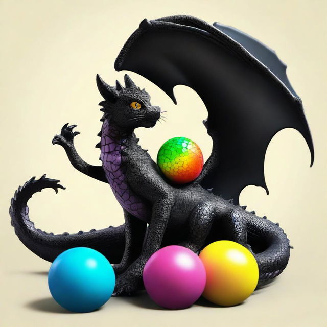 Modify the scene of the black dragon with its reptilian characteristics and the small kitten. Both are engaged in joyful play with a colorful ball, creating a heartwarming juxtaposition of their sizes and species.