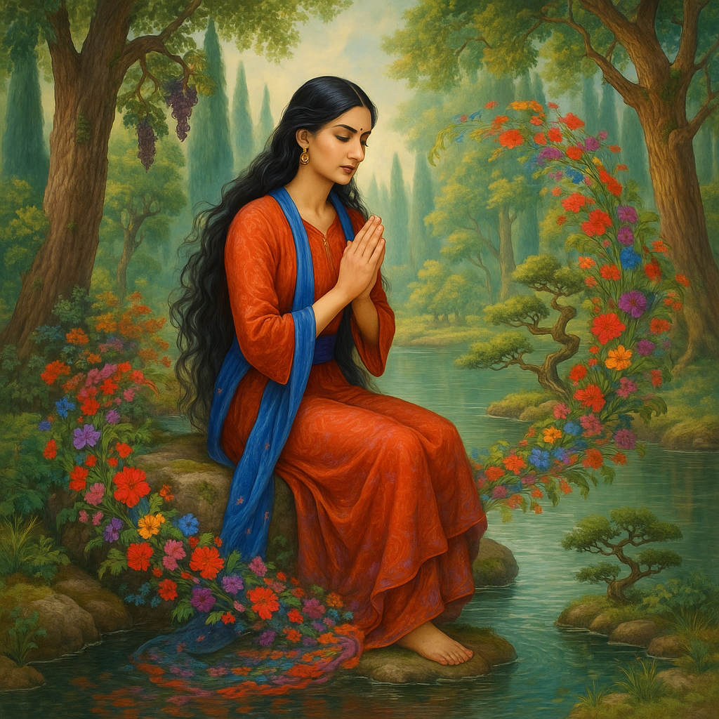 Mystical and spiritual watercolor painting of a beautiful Iranian woman sitting on a rock on a beautiful and peaceful pond in a dense forest with cypress trees, plane trees, grapevines, winding bonsai trees, and a whirlwind of colorful flowers and beautiful.