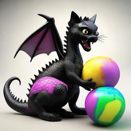 Modify the scene of the black dragon with its reptilian characteristics and the small kitten. Both are engaged in joyful play with a colorful ball, creating a heartwarming juxtaposition of their sizes and species.