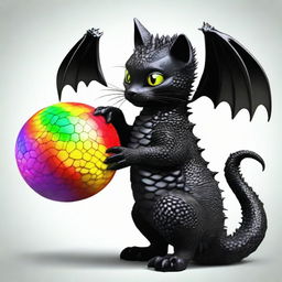 Modify the scene of the black dragon with its reptilian characteristics and the small kitten. Both are engaged in joyful play with a colorful ball, creating a heartwarming juxtaposition of their sizes and species.