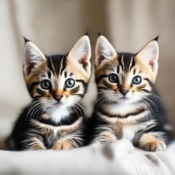 An image featuring two adorable tabby kittens. One with long, dark fur and striking black markings, and the other one is characterized by short, neat tabby fur.