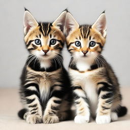 An image featuring two adorable tabby kittens. One with long, dark fur and striking black markings, and the other one is characterized by short, neat tabby fur.