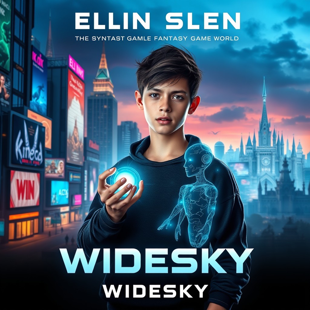A high-tech book cover design featuring a futuristic city skyline at twilight, with vibrant neon lights and digital billboards illuminating the streets