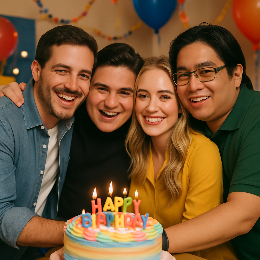 Crea una imagen realista con estas cuatro personas abrazadas y un pastel de cumpleaños