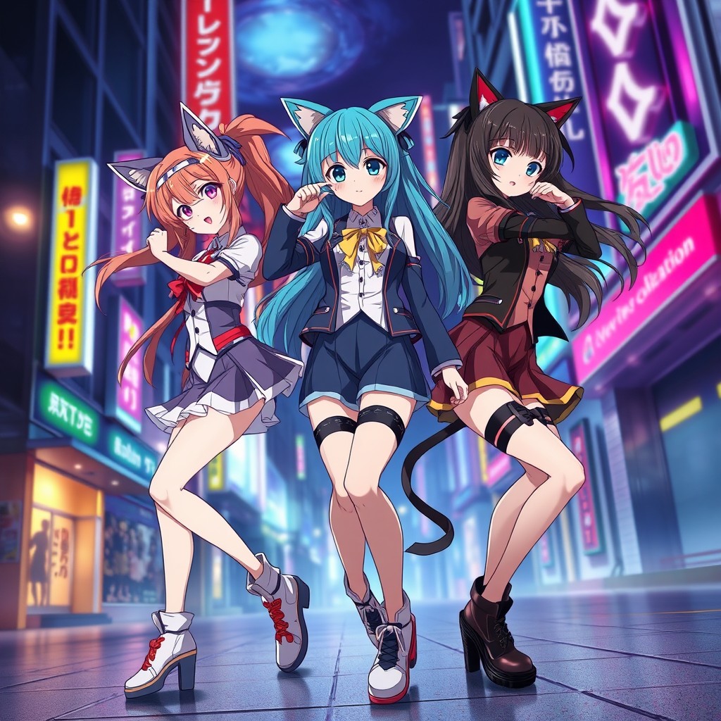 A realistic depiction of the characters from the anime 'Cat's Eye' featuring the three sisters, each dressed in stylish and colorful costumes that reflect their unique personalities