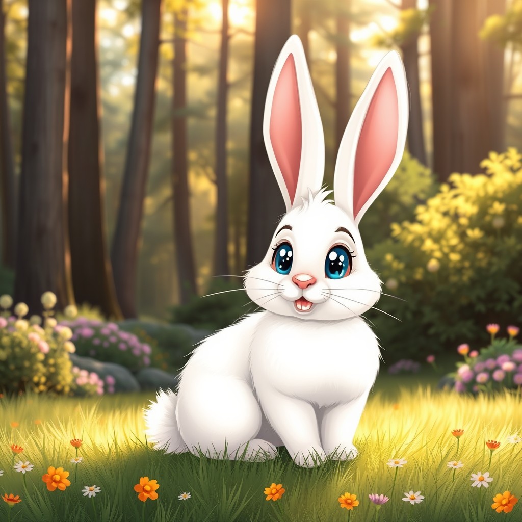 A fluffy, adorable white bunny sitting in a magical forest clearing
