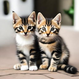 An image featuring two adorable tabby kittens. One with long, dark fur and striking black markings, and the other one is characterized by short, neat tabby fur.