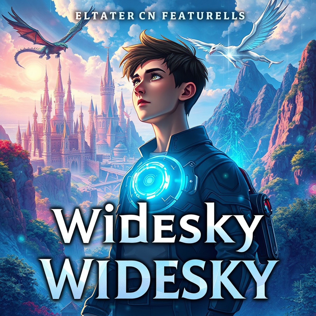 A captivating fantasy LitRPG book cover illustrating a vibrant digital world within the game Widesky