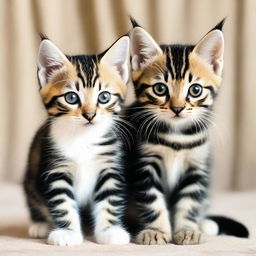 An image featuring two adorable tabby kittens. One with long, dark fur and striking black markings, and the other one is characterized by short, neat tabby fur.