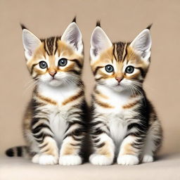 Transform the image where two tabby kittens are depicted. One kitten should have long, luxuriant and caption-worthy fur, while the other retains its short, neat coat.