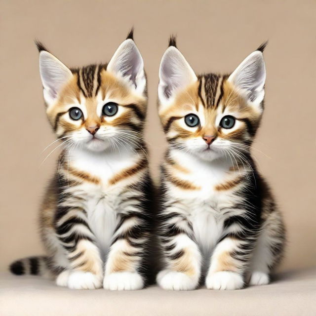 Transform the image where two tabby kittens are depicted. One kitten should have long, luxuriant and caption-worthy fur, while the other retains its short, neat coat.