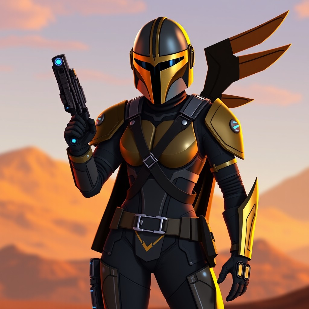 A female Mandalorian warrior in Star Wars Rebels animation style, wearing unique black and gold Mandalorian armor inspired by pilot gear and Clan Kryze designs