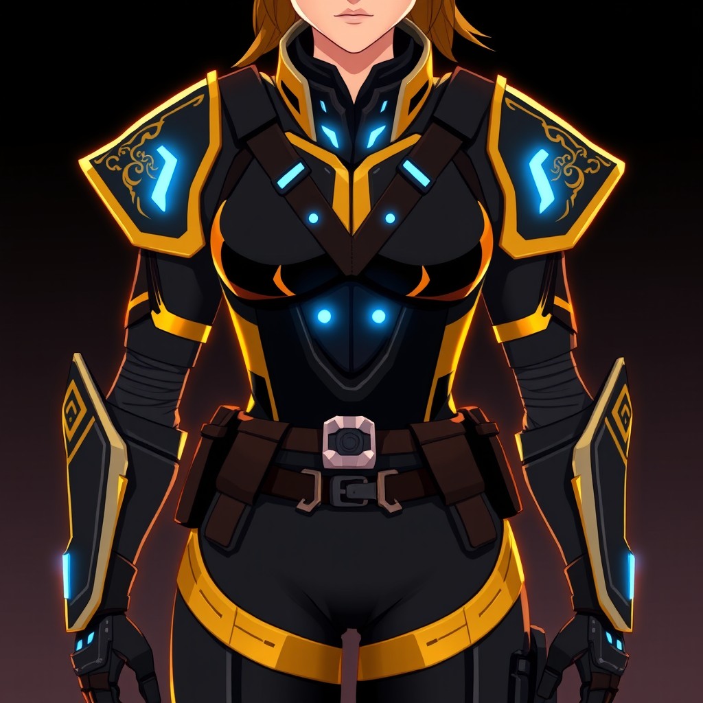 A female Mandalorian character in the animation style of Star Wars Rebels, wearing a uniquely designed black and gold Mandalorian armor reminiscent of pilot suits and inspired by Clan Kryze