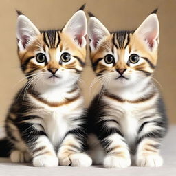 Transform the image where two tabby kittens are depicted. One kitten should have long, luxuriant and caption-worthy fur, while the other retains its short, neat coat.