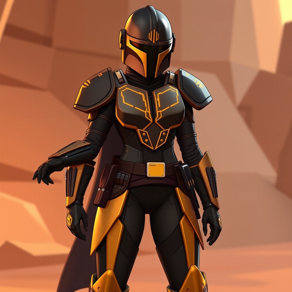 A female Mandalorian in the style of Star Wars Rebels, wearing a custom black and gold Mandalorian armor