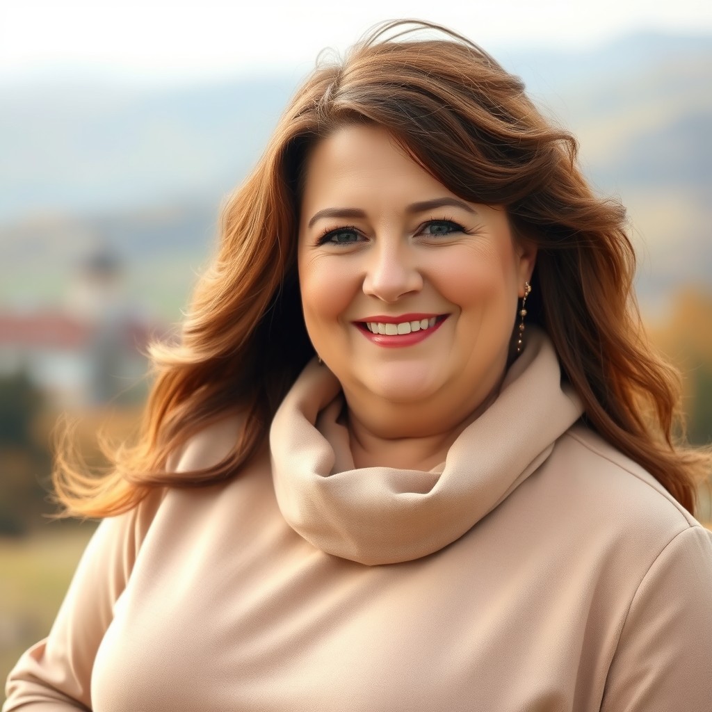 A beautiful and plump Russian woman in her 50s, showcasing a sweet and charming smile reminiscent of a professional model