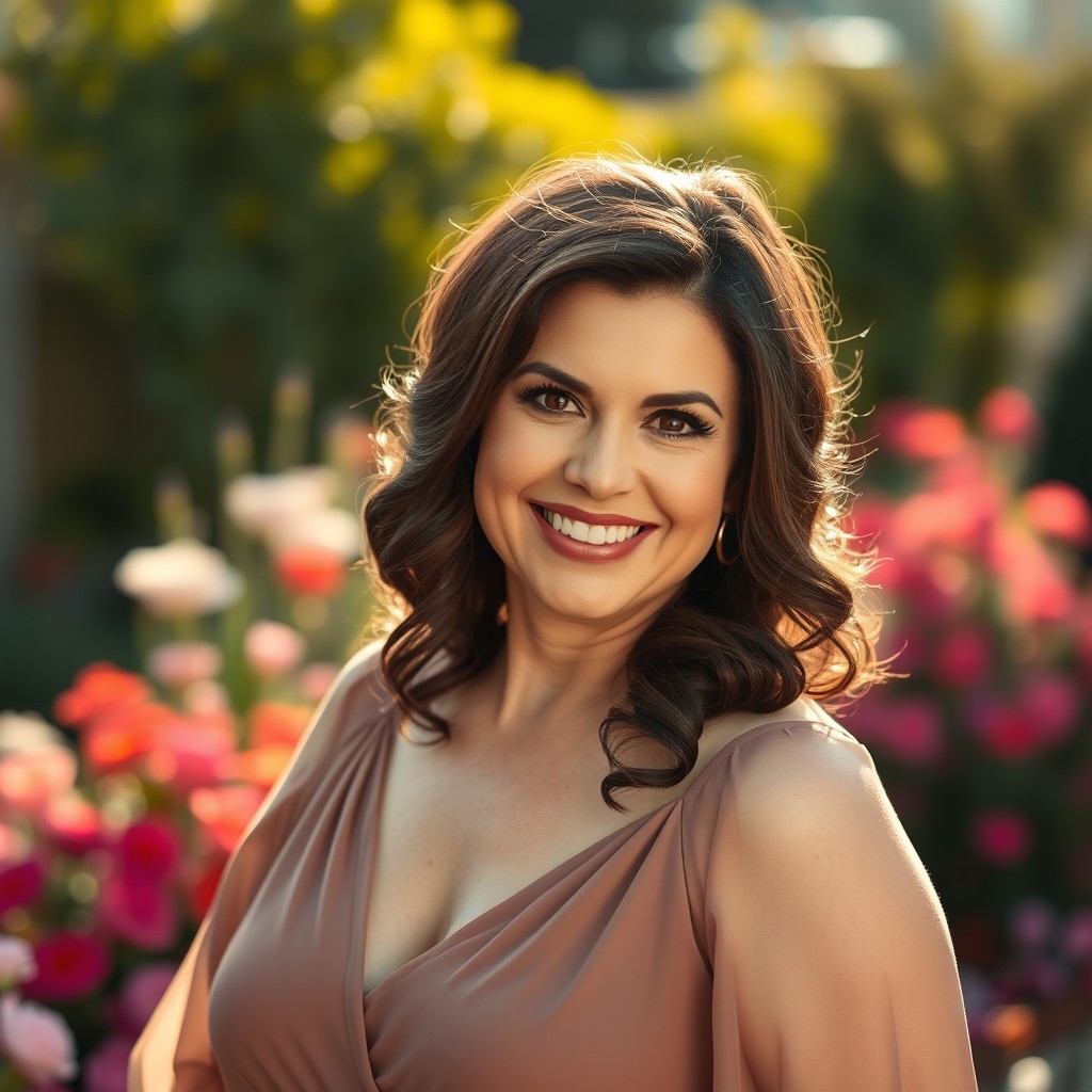 A beautiful plus-sized Russian woman in her 50s showcasing a sweet and charming smile, resembling a professional model
