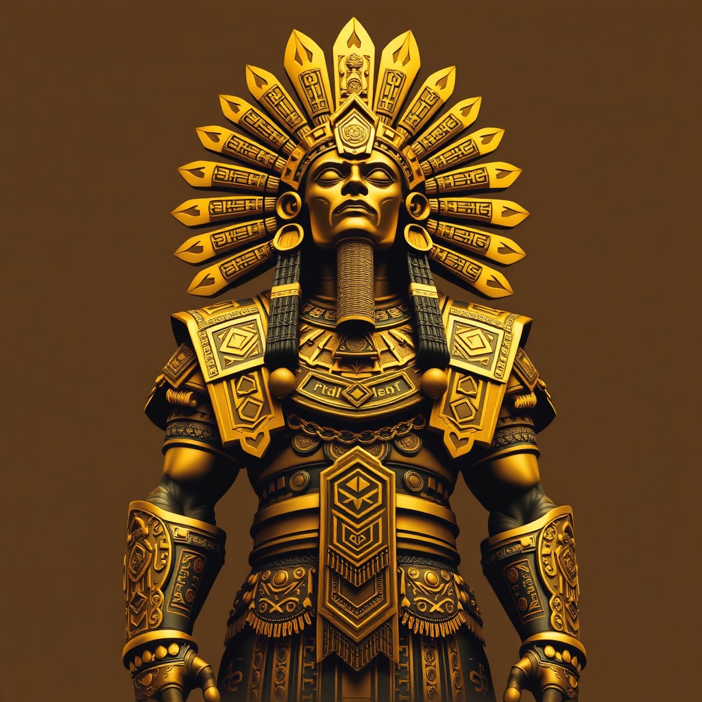 A colossal Aztec warrior, embodying a fusion of ancient tradition and modernity