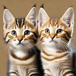 Transform the image where two tabby kittens are depicted. One kitten should have long, luxuriant and caption-worthy fur, while the other retains its short, neat coat.