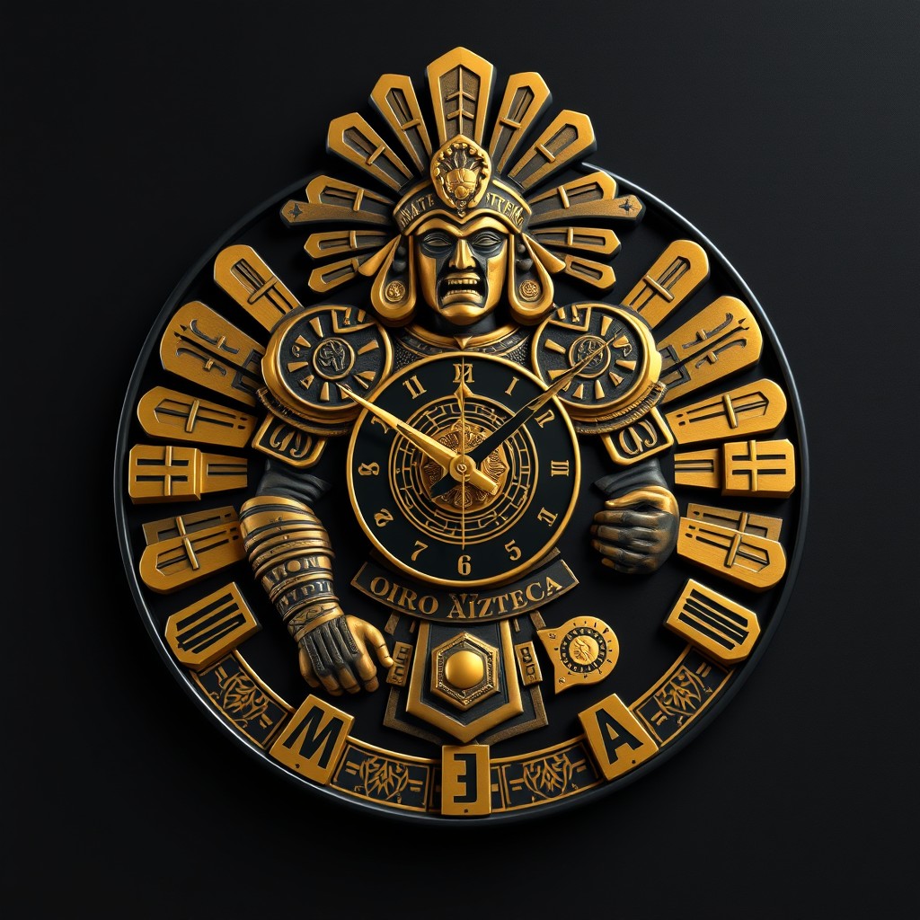 A unique clock design titled 'Guardian of Aztec Gold'