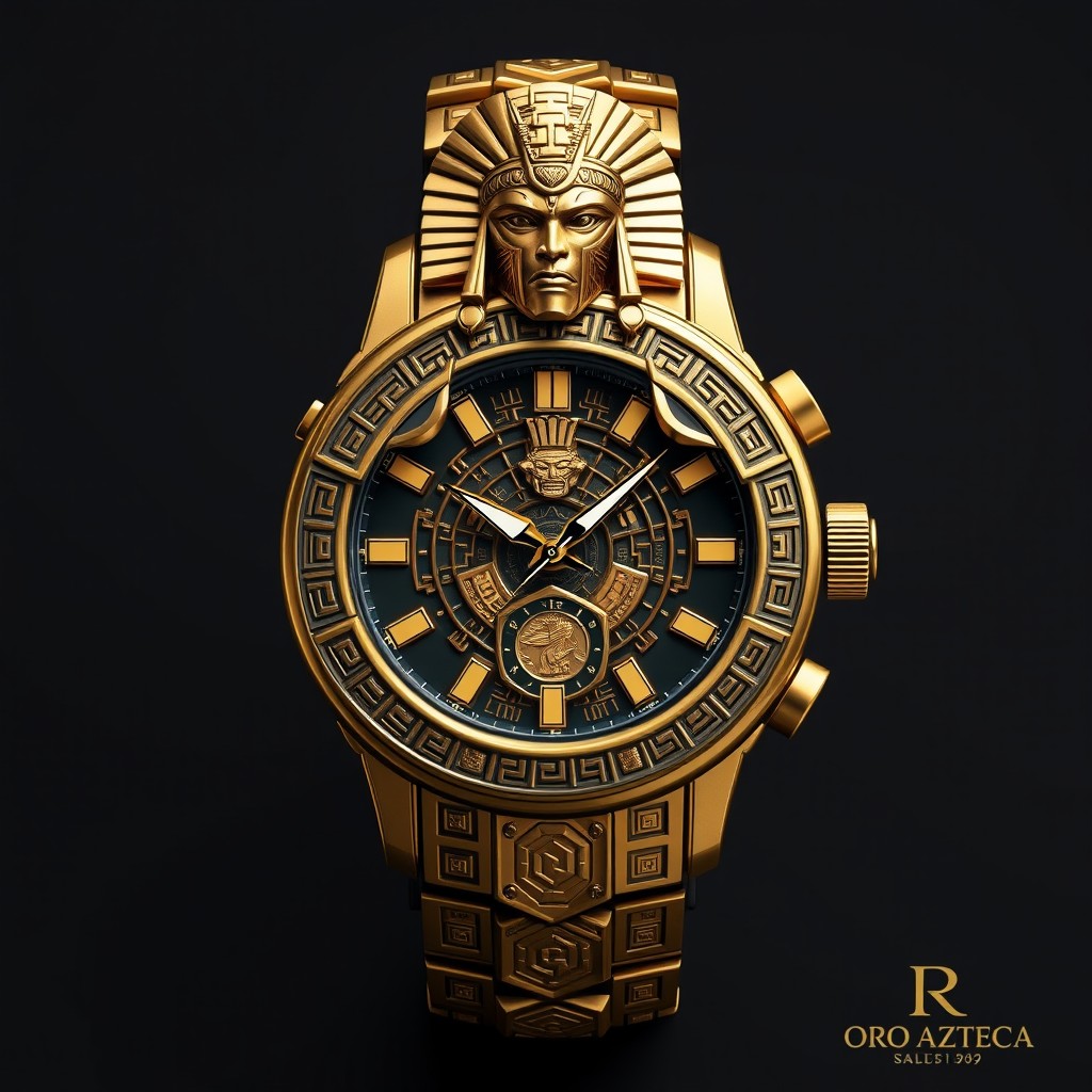 A unique wristwatch design named 'Guardian of Aztec Gold', featuring a colossal Aztec warrior seamlessly integrated with modern aesthetics