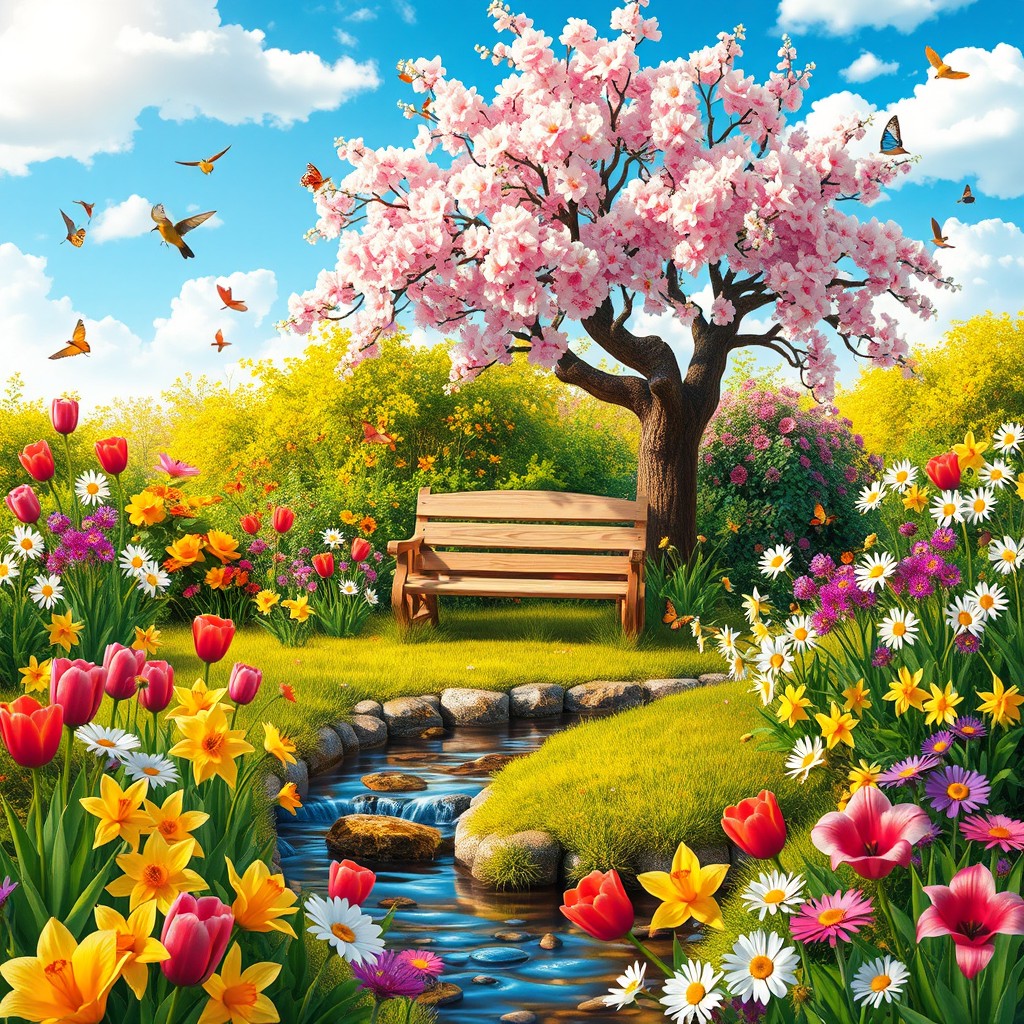 A vibrant and whimsical garden scene filled with a variety of colorful flowers in full bloom, including tulips, daffodils, and daisies, surrounded by lush green foliage