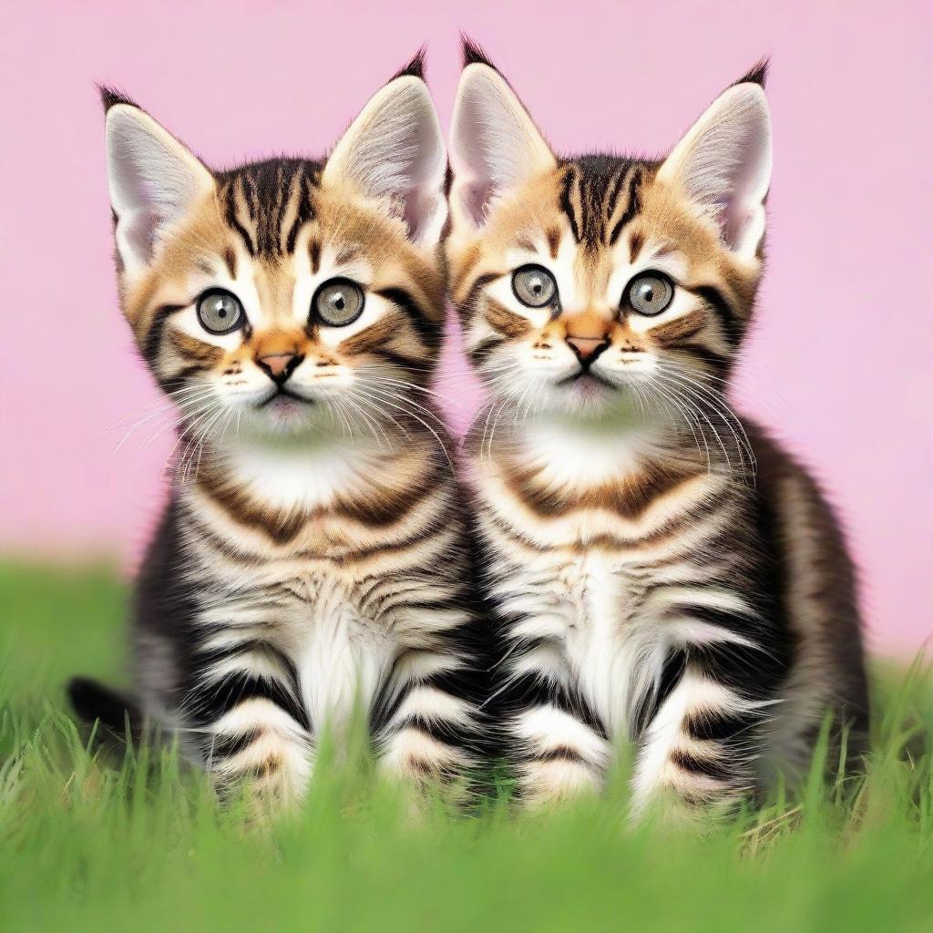 Transform the image where two tabby kittens are depicted. One kitten should have long, luxuriant and caption-worthy fur, while the other retains its short, neat coat.