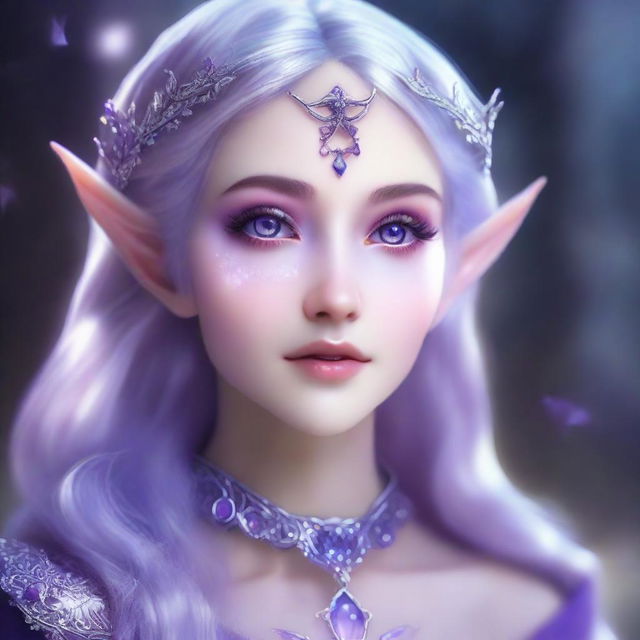 Conjure an image of a breathtaking elf girl with silver hair reflecting luminescent sheen. Her eyes glisten like amethysts projecting an enchanting, mysterious aura.