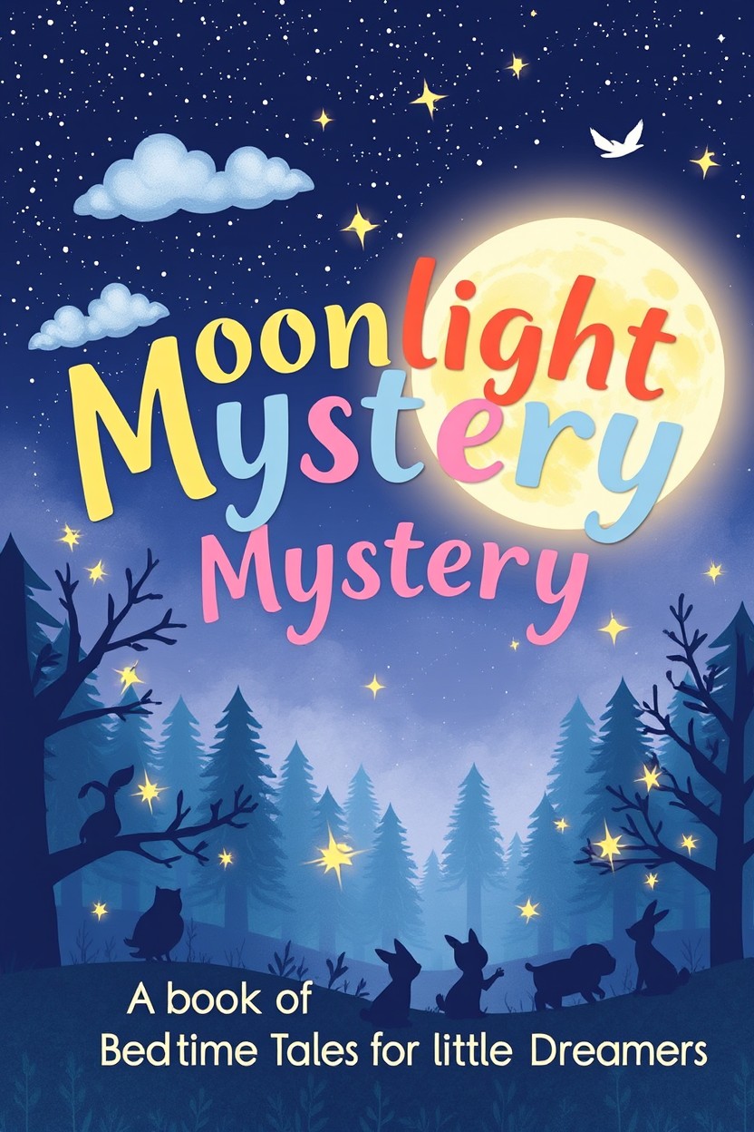 A whimsical cover for a children's book titled 'Moonlight Mystery: A Book of Bedtime Tales for Little Dreamers'
