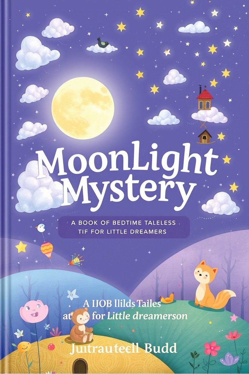 A beautifully illustrated book cover titled 'Moonlight Mystery: A Book of Bedtime Tales for Little Dreamers'