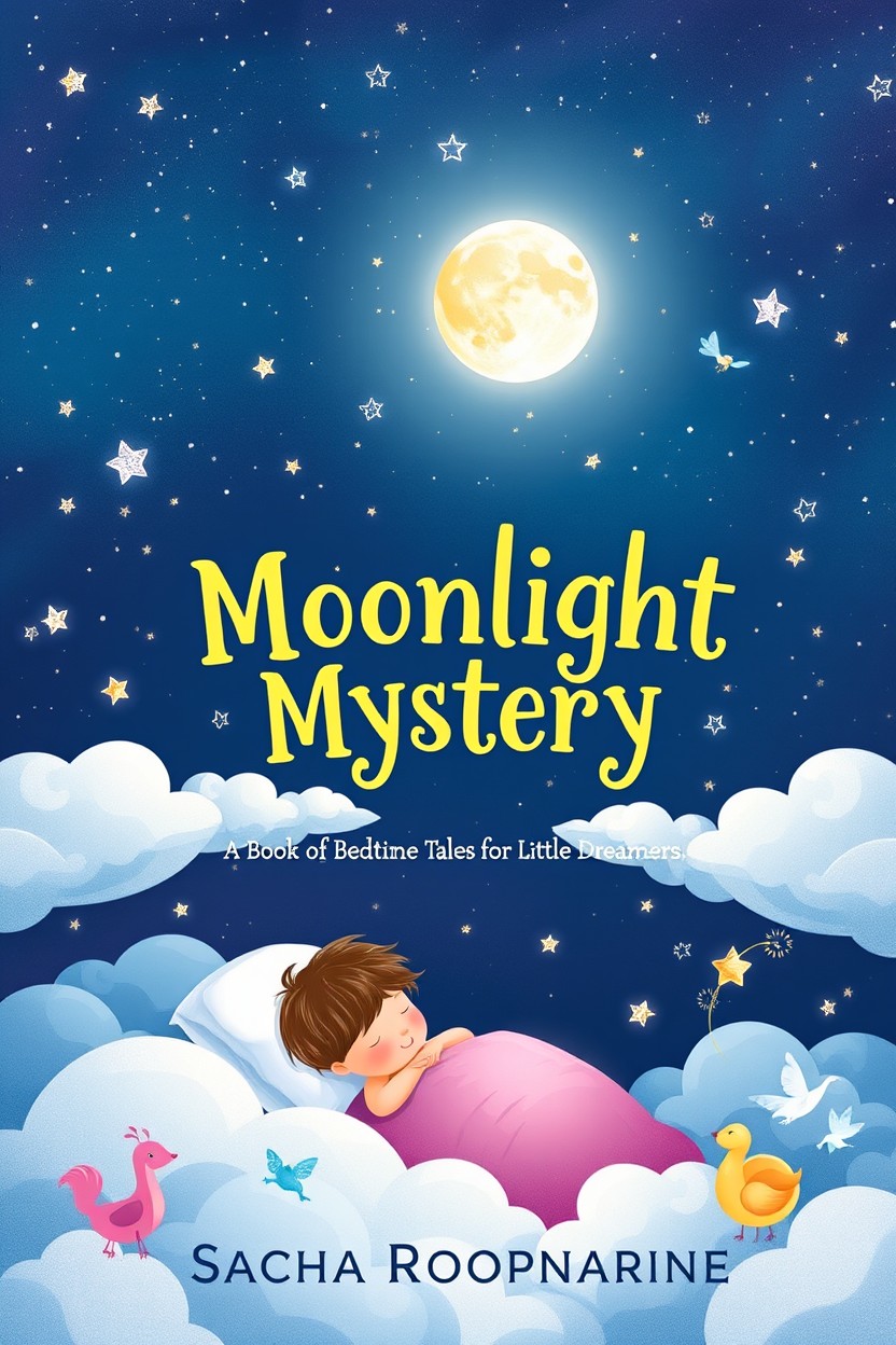 A whimsical and enchanting cover design for a children's bedtime storybook titled 'Moonlight Mystery: A Book of Bedtime Tales for Little Dreamers' by Sacha Roopnarine