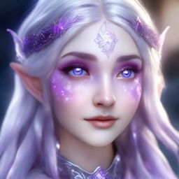 Conjure an image of a breathtaking elf girl with silver hair reflecting luminescent sheen. Her eyes glisten like amethysts projecting an enchanting, mysterious aura.